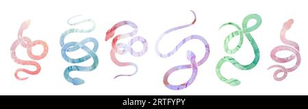 Vector set of watercolor silhouettes of snakes in various poses. Collection of colorful cobras and boas isolated from background. Animal clipart for s Stock Vector