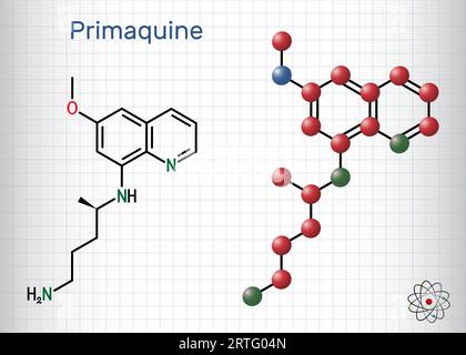 Primaquine molecule. It is aminoquinoline, used for therapy of malaria. Structural chemical formula, molecule model. Sheet of paper in a cage. Vector Stock Vector