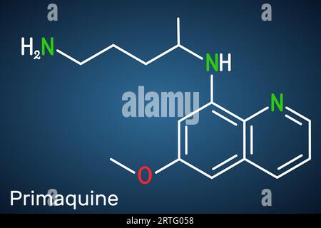 Primaquine molecule. It is aminoquinoline, used for therapy of malaria. Structural chemical formula on the dark blue background. Vector illustration Stock Vector