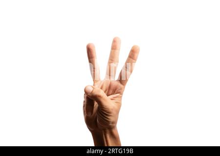 Black male right hand sign for number three isolated on white background. Stock Photo