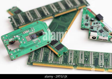 Pack of ddr dimm memory on the table in a service Stock Photo