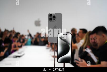 San Francisco, USA. 12th Sep, 2023. People try new Apple products after their launch in Cupertino, California, the United States, Sept. 12, 2023. Apple on Tuesday announced several new products in its iPhone series and Apple Watch series. Credit: Wu Xiaoling/Xinhua/Alamy Live News Stock Photo