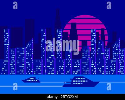 Night city with skyscrapers and yachts. City landscape with suns in retro futuristic style. Light in the windows of buildings. Futuristic cityscape of Stock Vector