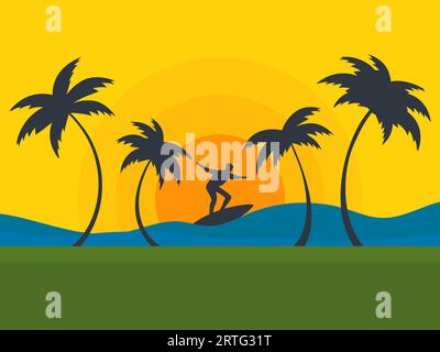 Surfer on the waves against the backdrop of sunset. Tropical landscape with palm trees on the ocean, a surfer on a surfboard rides the waves at sunset Stock Vector