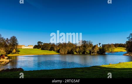 Looking over the Octagon Lake on a winter's day at Stowe, Buckinghamshire, UK Stock Photo