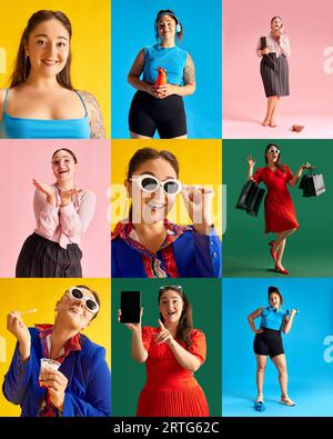 Collage made of portrait of beautiful woman in her 30s wearing different clothes and with diverse emotions on multicolored background Stock Photo