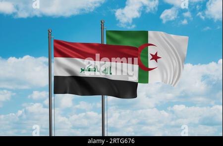 Iraq flag and Algeria flag waving together in the wind on blue sky Stock Photo