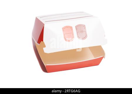 Open empty paper burger box isolated on white. Stock Photo