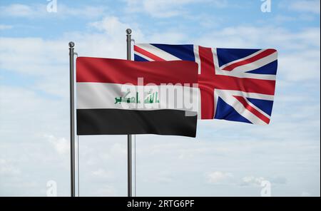 United Kingdom and Iraq two flags textile cloth, fabric texture