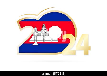 Year 2024 with Cambodia Flag pattern. Vector Illustration. Stock Vector