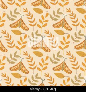 Elegant seamless pattern with moths and herbs. Magical Boho background with butterflies and leaves. Beautiful nature print for textile, paper Stock Vector