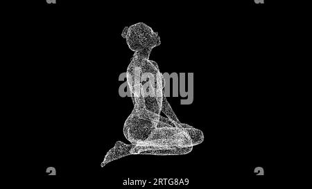 3D Yoga Woman on black bg. Sports Fitness calmness concept. Healthy lifestyle. Business advertising backdrop. For title, text, presentation. 3d animat Stock Photo