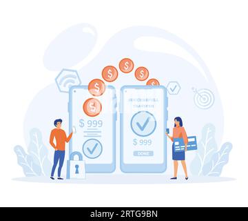 Banking service, successful contact less payment transaction. Woman sent, transfers money, coins from debit card. flat vector modern illustration Stock Vector