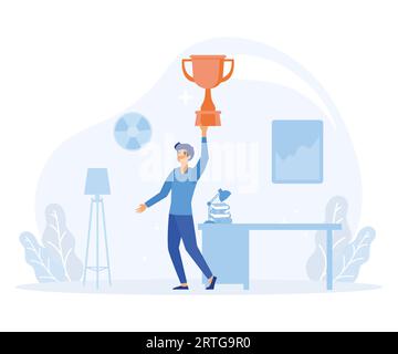 business success concept, businessman holding big trophy symbol of his success. flat vector modern illustration Stock Vector