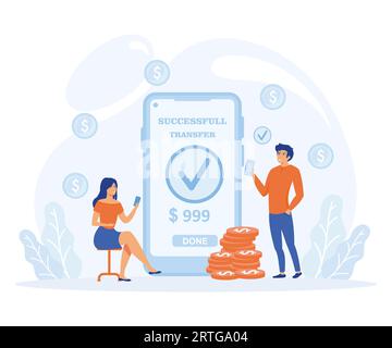 Successful transaction. Girl in smart phone transferred, sent money, coins, cash to electronic account. Banking services on web site. flat vector mode Stock Vector