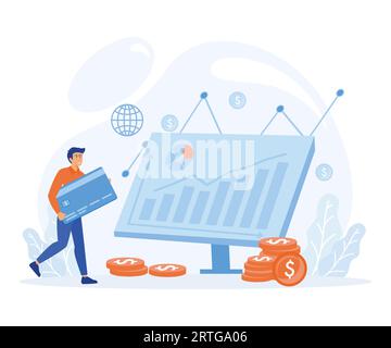 Financial management concept and investment. Characters investing money in the stock market. People analyzing financial graphs, charts and diagrams an Stock Vector