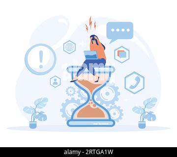 Stress in the office. Fast work, Tired and exasperated business woman is sitting on an hourglass and clutching her head with business process icons. f Stock Vector