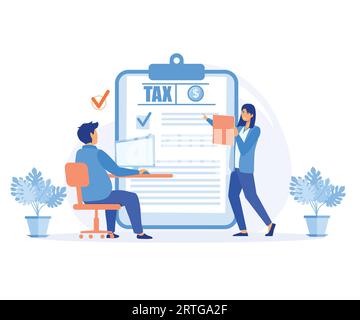 Tax planning concept. Characters using the tax calendar to fill in the tax declaration form online and with the financial adviser. flat vector modern Stock Vector