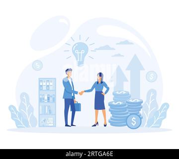 Partnership, venture investment concept. Businessmen shake hands making financial deal with woman. flat vector modern illustration Stock Vector