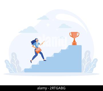 Businesswoman climbing ladder to golden trophy, Motivation for success. flat vector modern illustration Stock Vector