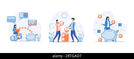Finance Savings Concept, young woman study financial management, Family couple saving money, girl putting money or coins into a piggy bank. set flat v Stock Vector