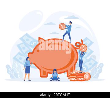 Business, wealth and financial investment concept. people saving money in piggy bank, flat vector modern illustration Stock Vector