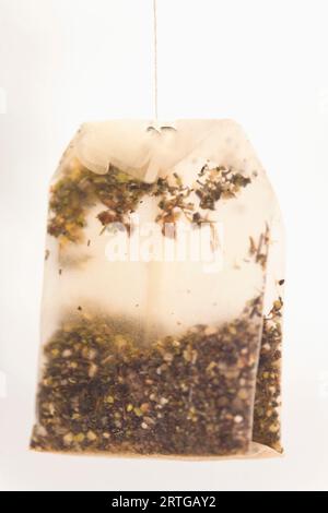 Close up of a wet bag of green tea Stock Photo