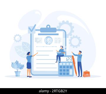 financial management concepts. people and clipboard with financial document, calculator and pen. Accounting, business plan. flat vector modern illustr Stock Vector