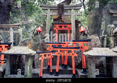 There are thousands upon thousands of orange colored torii gates and small alters along the pathway of Fushimi Inari Taisha in Kyoto, Japan. Stock Photo