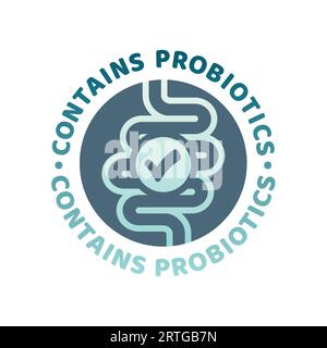 Contains probiotics colorful vector label. Bowels, intestines microbiome or microflora good bacteria icon. Stock Vector