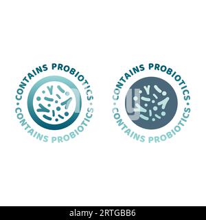 Contains probiotics colorful vector label. Bowels, intestines microbiome or microflora good bacteria icon. Stock Vector