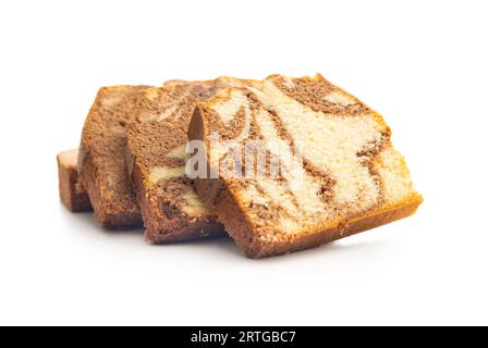 Marble sponge cake. Cake with cocoa and vanilla taste isolated on the white background. Stock Photo