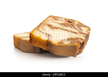 Marble sponge cake. Cake with cocoa and vanilla taste isolated on the white background. Stock Photo