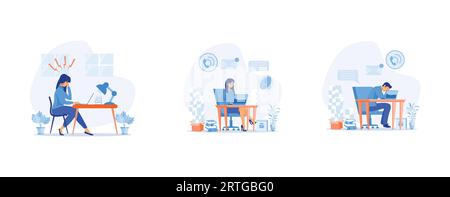 Stress in the office. Rush work, headache. Tired and exasperated office worker is grabbed his head among piles of papers and documents. set flat vecto Stock Vector