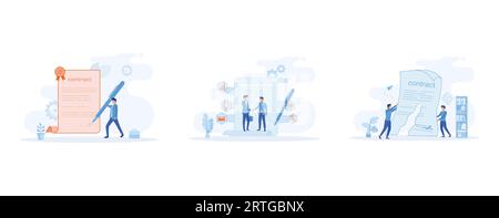 Contract Agreement, People signing paper contract, Cancellation of a contract, set flat vector modern illustration Stock Vector