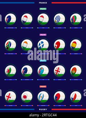 Rugby icon collection for national teams competing in the 2023 rugby competition. Big set of sport icon. Stock Vector