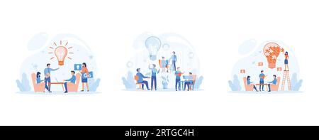 Innovation, improving career, business start concept. workers searching for new ideas and decisions rising career to success. set flat vector modern i Stock Vector