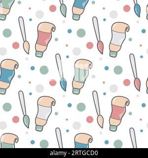 Artist concept seamless pattern. Acrylic paint with tube, brush and paint stains background. Art print with color blots for textile, wallpaper, paper Stock Vector