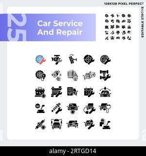 Glyph style car repair and service icons set Stock Vector