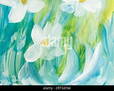 Abstract  daisy flowers, original hand drawn, impressionism style, color texture, brush strokes of paint,  art background.  Modern art. Contemporary a Stock Photo