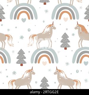 Seamless winter pattern with cute unicorns standing on rainbows. Design baby textile, fabric, wallpaper, baby shower, nursery decor, children Stock Vector