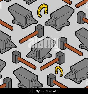 Hammer and Anvil pattern seamless. Blacksmith tool background. Stock Vector