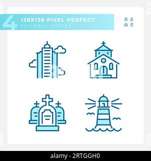 Pixel perfect blue building icons set Stock Vector