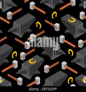 Hammer and Anvil pattern seamless. Blacksmith tool background. Stock Vector