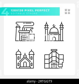 Editable pixel perfect black building icons set Stock Vector