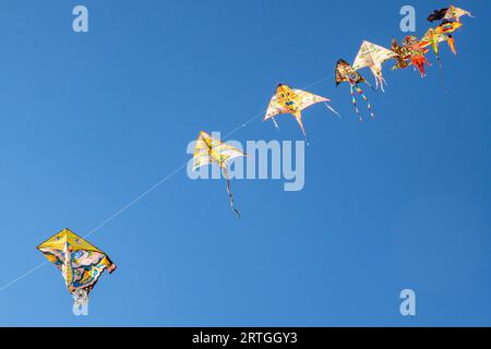 Colourful kites flying in a blue sky Stock Photo