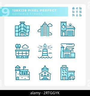 Editable pixel perfect blue building icons Stock Vector
