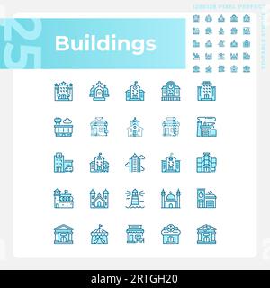 Editable pixel perfect blue building icons set Stock Vector