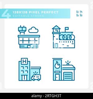 2D pixel perfect blue building icons Stock Vector