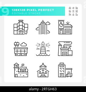 Editable pixel perfect black building icons Stock Vector